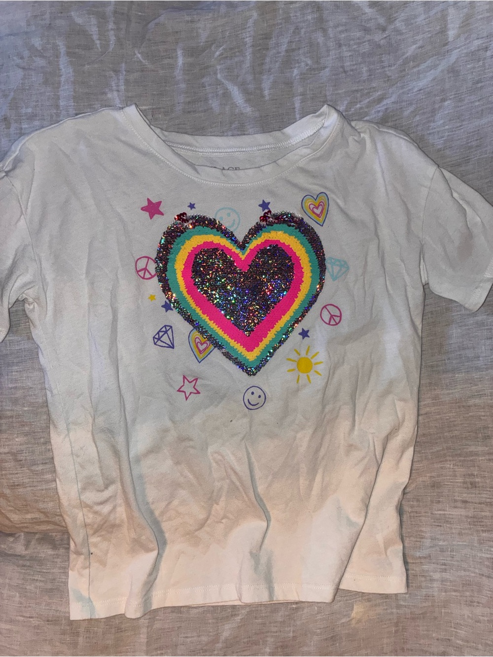 Place White Tee with Multicolor Sequin Heart and Icons